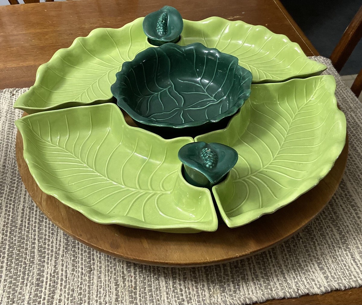 Vintage 7 Piece California Pottery Lazy Susan Chip Dip Set + Salt