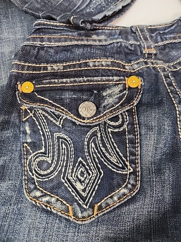 Jeans vintage Y2K Mek donna 26 vita bassa risciacquo scuro svasato tasche impreziosite - Foto 10 di 12