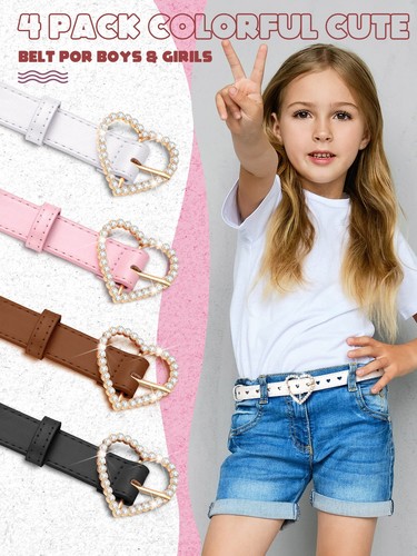 Girls Belt Leather Waist Belt Rhinestone Heart Metal Buckle Kids 4 Pieces - Picture 4 of 7