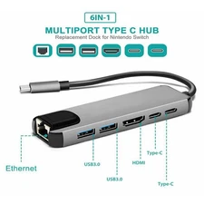6 In 1 USB 3.0 Type-C Hub To 4K HDMI Rj45  Ethernet Network PD Charging