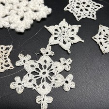 Lot 12 Vtg Crocheted White Snowflakes Lace Hanging Ornaments - Tree Ready