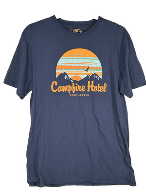 Campfire Hotel Bend Oregon Smith Rock T Shirt Size Large Blue Orange Script