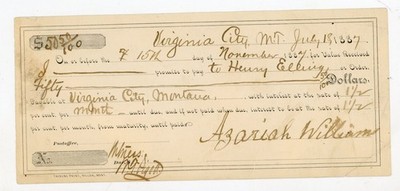 1887 Promissory Note Virginia City MT Henry Elling Signed Azariah Williams