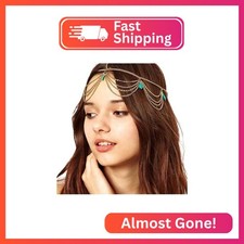 Yheakne Boho Turquoise Headband Gold Layered Tassel Head Chain Gypsy Hair Chain