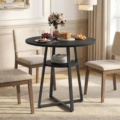 31.5'' round Dining Table for 2-4, Farmhouse Kitchen Table with Storage Shelf, Sm