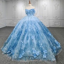 Sky Blue Shiny Quinceanera Dresses Ball Gown Sequin Applique Flower Sweet 16