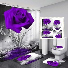 Rose Bathroom Set with Shower Curtain and Non-Slip Rugs, Bath Mat, Purple