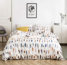 Colorful Boho Feather Duvet Cover Queen 100 Cotton 3 Pcs Set 1 Blue Brown Bi...