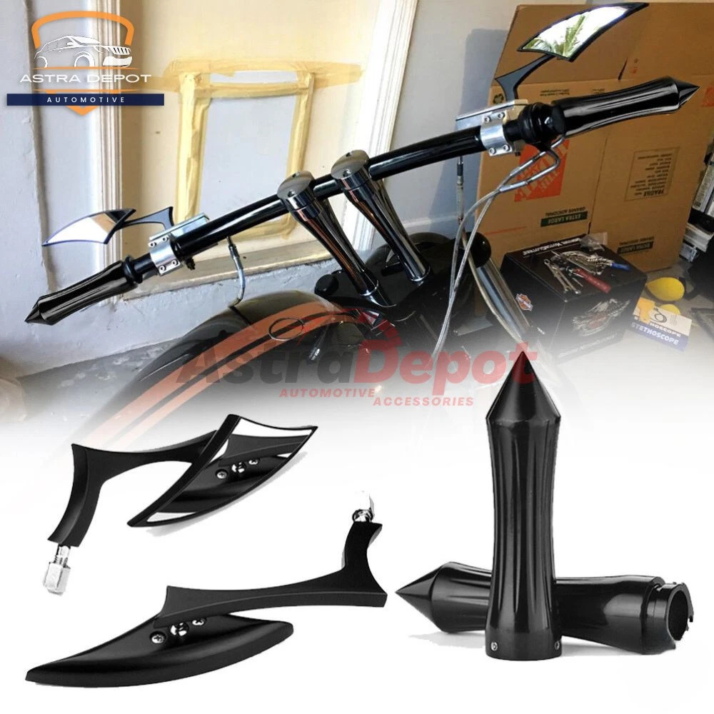 Aluminum Motorcycle 1" Billet Spike Hand Grips + Blade Side Mirrors for Harley