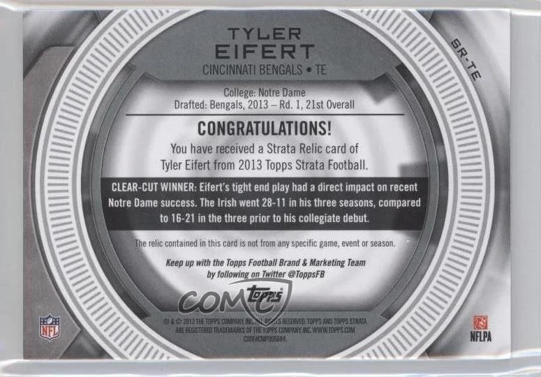 2013 Topps Strata Relics Emerald Patch /35 Tyler Eifert #SR-TE Rookie Patch RC - Image 2 of 2