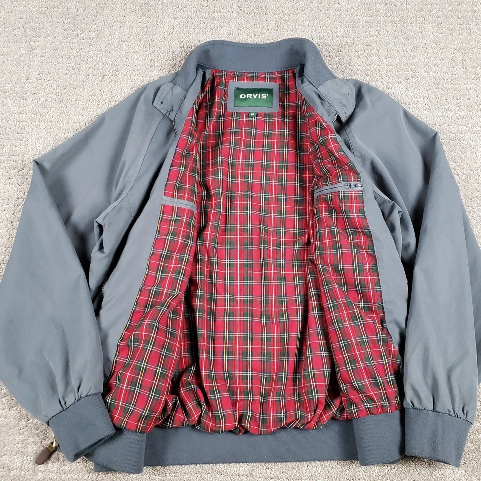 Orvis Jacket Mens Medium Gray Bomber Harrington Tartan Plaid Lined Full Zip - Image 3 of 4