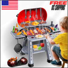 Kids Play Kitchen Toys Set, Pretend Grill BBQ Toy W Real Smoke, Sizzling Sound