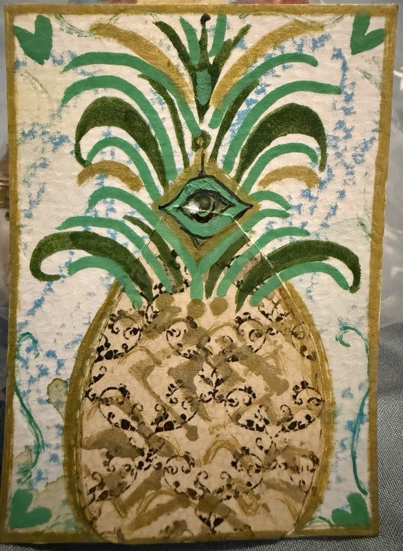 ACEO/ATC EYE PINEAPPLE ORIGINAL MIXED MEDIA ART BY MOODY VIRGO ARTS