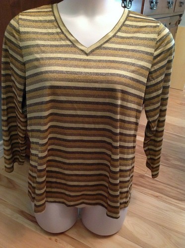 Avenue Stretch gold & braun gestreift V-Ausschnitt Top Urlaub/Party LS 14/16 EUC - Bild 1 von 5
