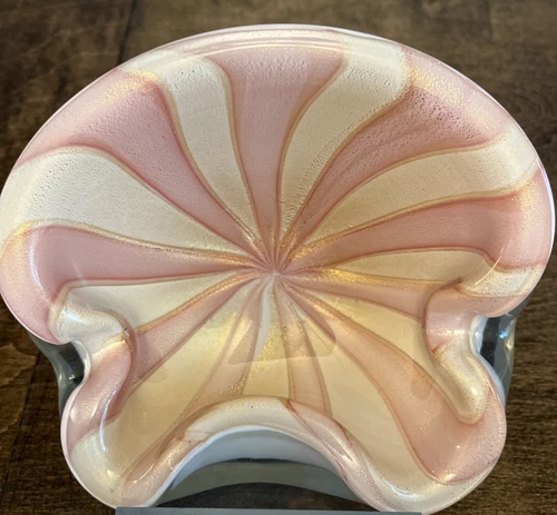 Vintage Murano Alfredo Barbini Glass Bowl Circus Tent ~ Pink & White & Gold