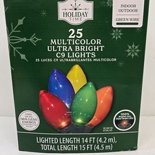 Holiday Time - 25 C9 Multicolor LED Ultra Bright Lights Green Wire Christmas