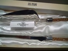 Oleg Cassini Cake Knife  Server Set With Gold Crystal Beads Handles In Box
