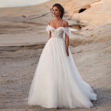Boho A-Line Wedding Dresses Spaghetti Straps Appliques Backless Bridal Gowns USA