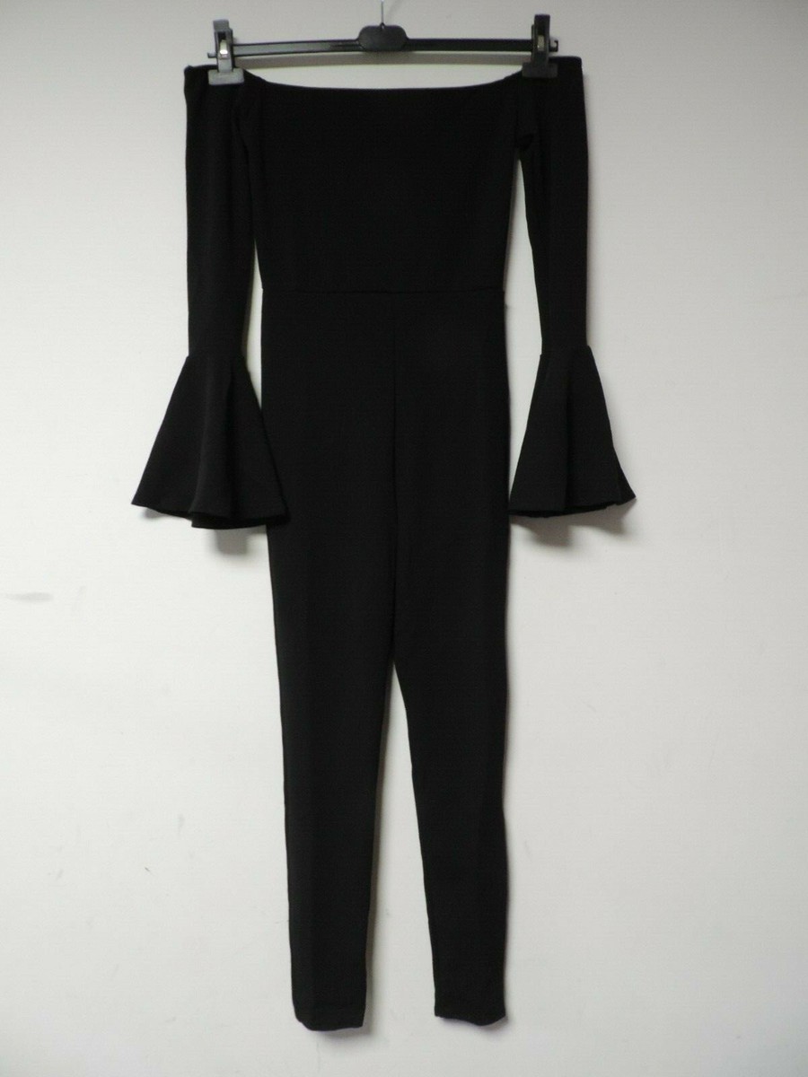 Missguided Bell Sleeve Bardot Unitard Jumpsuit Black Size UK