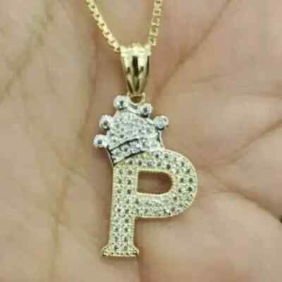 14K Yellow Gold Plated ''P'' Letter Crown Pendant 2Ct Lab Created Diamond