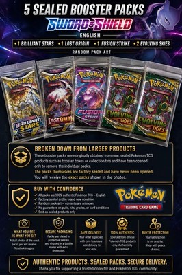 5 Sealed Pokémon Booster Packs Lot Evolving Skies + Sword & Shield RNDM PACK ART