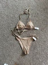 Aerie The Sunbun Metallic Gold Bikini Set Top Small Bottom size Medium NWT
