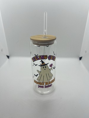 GHOSTS GLASS CUP WITH STRAW ''FEELING CUTE MIGHT HAUNT YOU LATER''