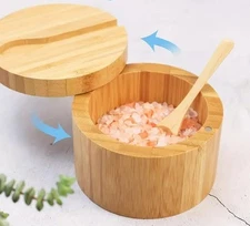 Salt Cellar Spice Box with Lid and Spoon. Bamboo