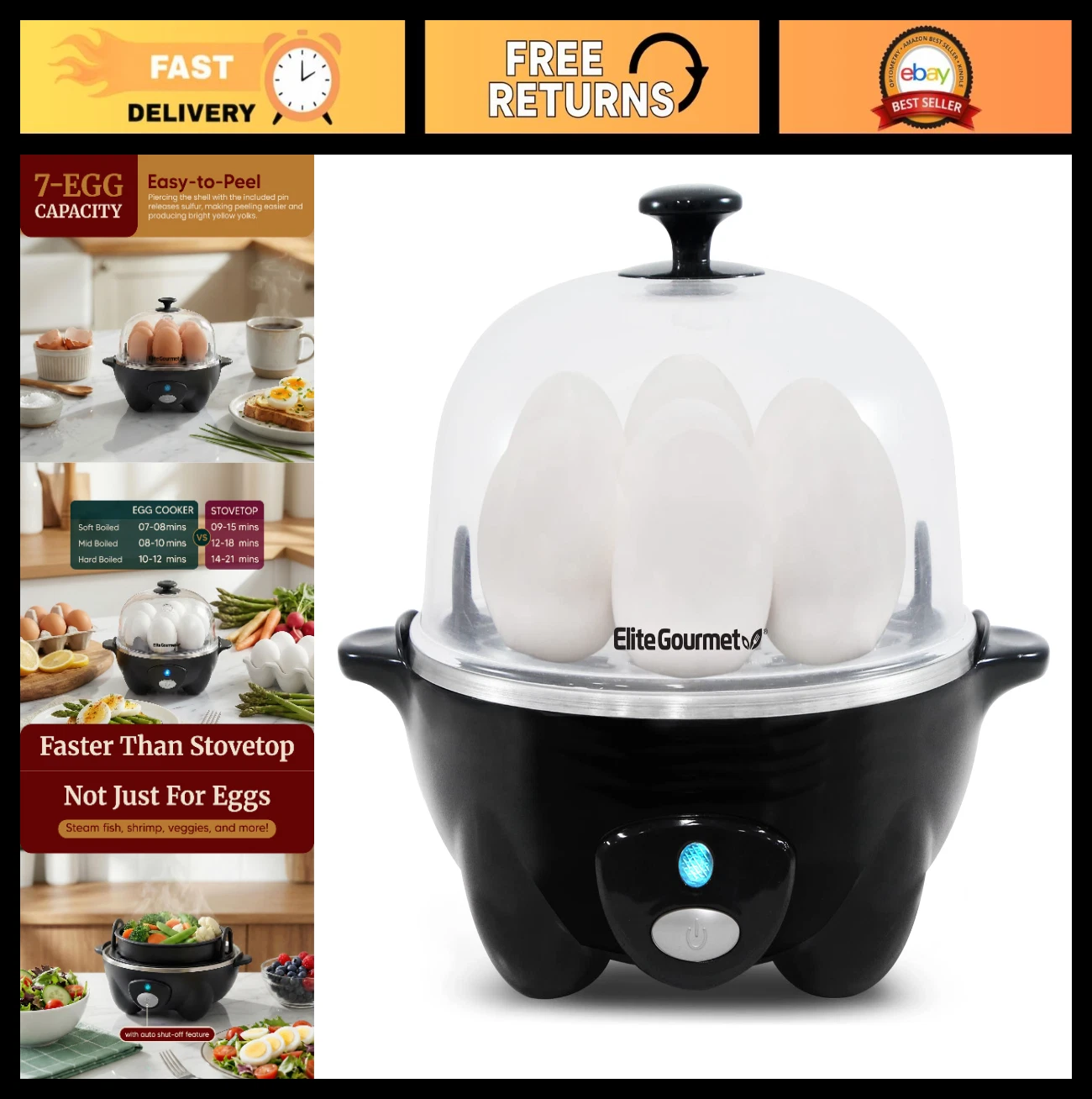 Rapid Egg Cooker - 7 Egg Capacity, Easy Peel, Hard/Soft Boiled, Poacher, Omelet