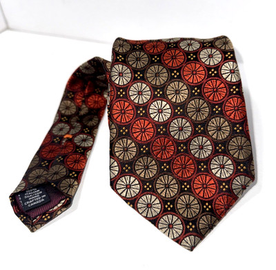 Dion Signature Tie 100% Italian Silk BROWN , BLACK , RUST Geometric Medallion