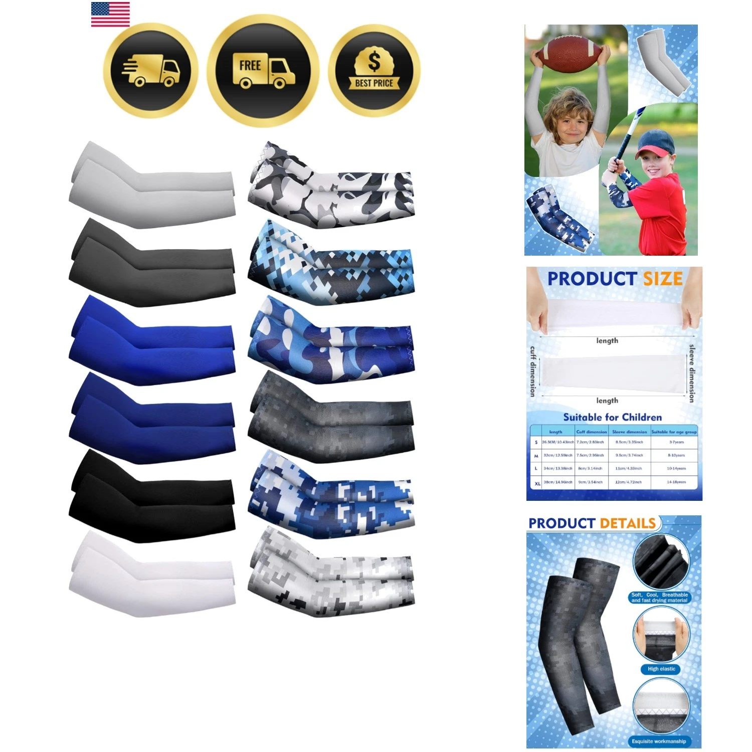 12 Pairs Arm Sleeves for Kids Compression Football Baseball Youth UV Protecti...
Opens in a new wind