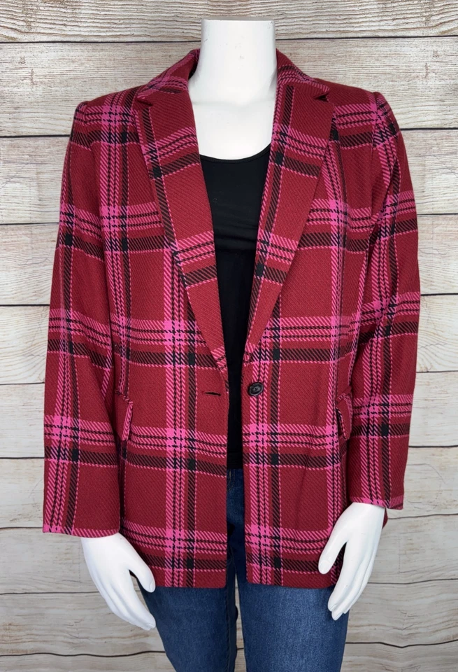 Chaqueta Blazer NINE WEST Para Mujer 2XL Rojo Rosa A Cuadros Cuello Muesca Botón Delantero LN Foto 2 de 4