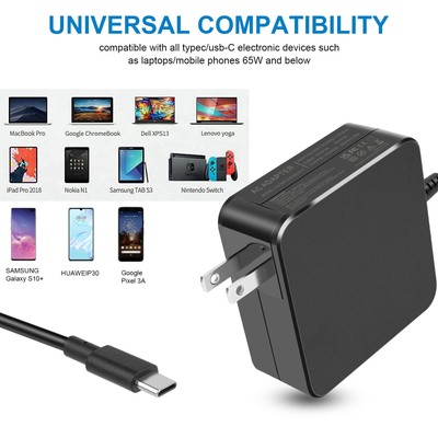 65W USB C Type C for Acer Chromebook Lenovo/HP/Asus/Samsung Power Laptop Charger