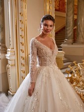 A-line Long Sleeve Wedding Dresses V Neck Bridal Dress Backless Bridal Gown
