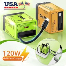 2 in 1 Gan Charger Type C/L , 120W Compatible Fast, Retractable Wall NEW
