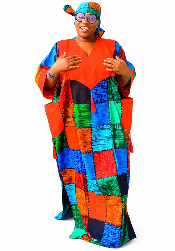 Women’s Multi-Color Patchwork African Kaftan Maxi Dress w/ Headwrap One Size