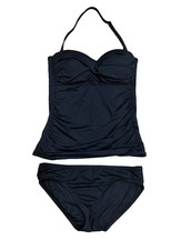 Anne Cole Size S Solid Twist Front Shirred Bandeau Tankini Swim Set Halter Black