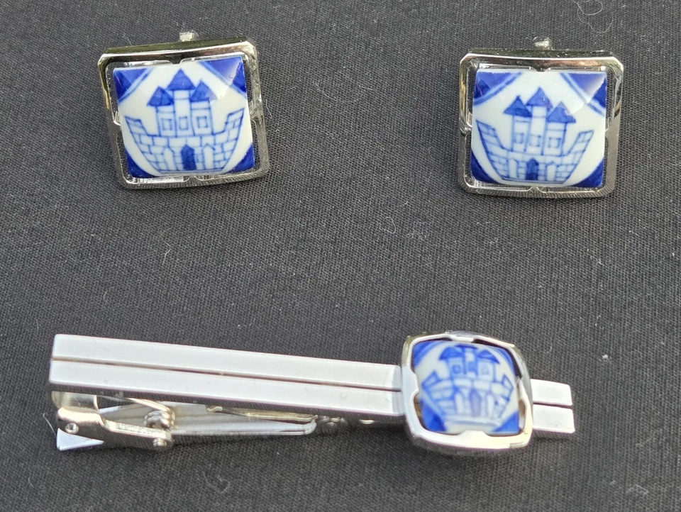 Juego de corbatas y gemelos de porcelana azul y blanco Kiyomizuyaki de colección caja e información de Japón Foto 3 de 4