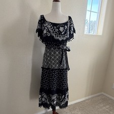 Anthropologie Black/White Embroidered Floral Off-Shoulder Midi Dress 8