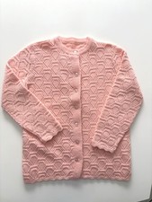 Vintage 1960s Pink Knit Cardigan Diamond Scallop Hem Pearl Buttons Medium/large