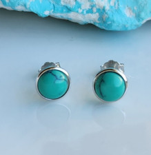 925 Sterling Silver Navajo Natural Blue 6.8-7mm Turquoise Bezel Stud Earrings