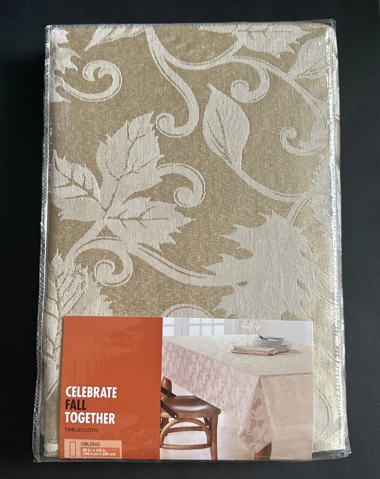 Never Opened CELEBRATE FALL FESTIVE KHAKI TABLECLOTH 60"X102" GOLD LEAVES PRINT - Image 2 of 4