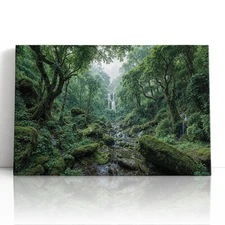 Hidden Waterfall Canvas Print Wall Art – Lush Green Forest Nature Wall Decor
