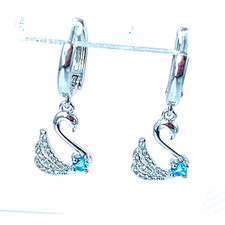 Silver Swan Earrings with Blue Zircon Crystal - Sterling Silver Plated