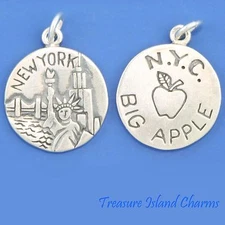 New York City The Big Apple 925 Solid Sterling Silver Round Charm Pendant