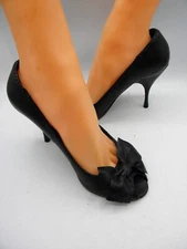 MIU MIU Black Pebbled Leather Bow Peep Toe Stiletto Pumps Size 38