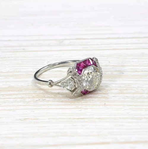 Art Deco Style Lab-Created Diamond Sapphire Wedding Ring 14k White Gold Finish - Picture 2 of 8