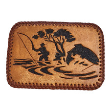 Vintage Bass Fishing Belt Buckle Tooled Leather Aged Fits 2" Wide Belt Strap