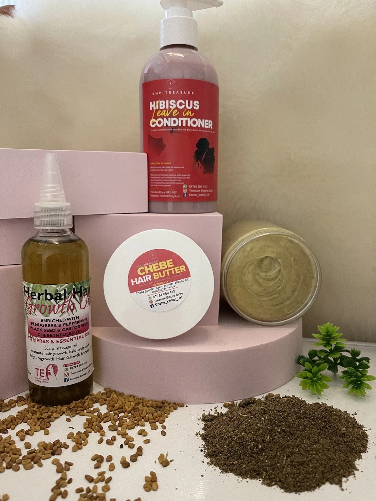 Chebe Set :Chebe Butter +Hibiscus Leave In Conditioner +Herbal Hair Growth Oil