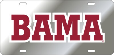 ALABAMA CRIMSON TIDE MIRROR CAR TAG SILVER W/ RED BAMA WHITE REFLECTIVE DECAL
